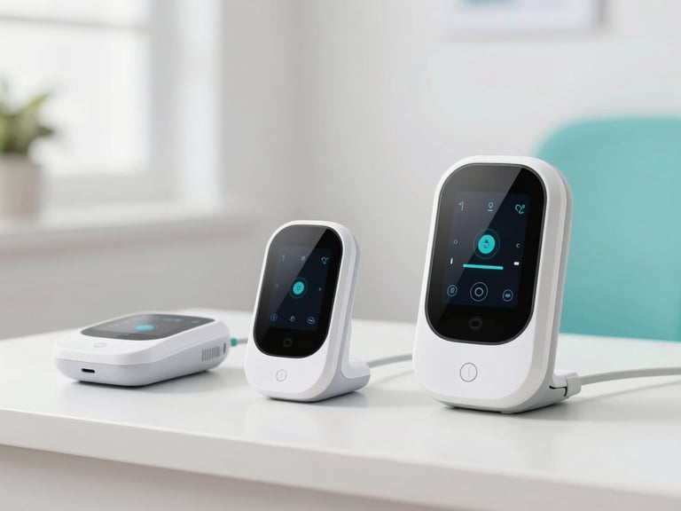 Sleek medical-grade smart monitoring devices in a clean domestic setting, soft daylight, sharp focus.