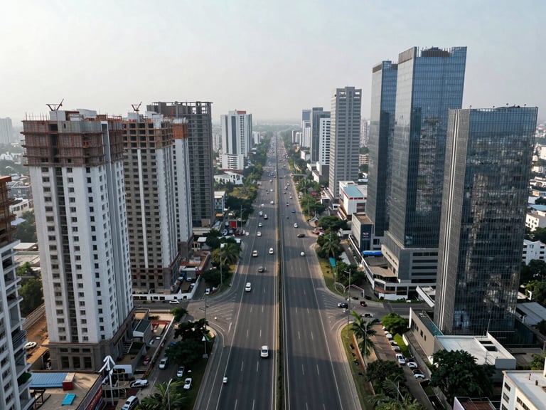 Aerial drone view of Dwarka Expressway corridor in Gurgaon at midday—multi-lane expressway stretching toward the horizon, flanked by high-rise residential towers under construction and completed glass towers, overcast soft light, no people, wide environmental framing showing strategic corridor position