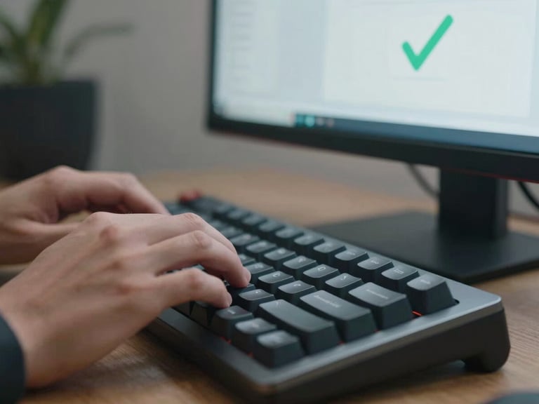 Close-up of hands typing on a mechanical keyboard, a second monitor in the background showing a clean CMS interface with a green success checkmark, bright cool daylight.