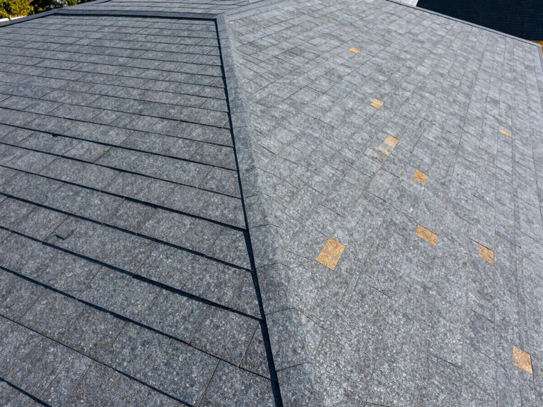 Close-up of flawless shingle alignment on a newly completed dark gray roof, bright natural daylight highlighting the clean structural texture