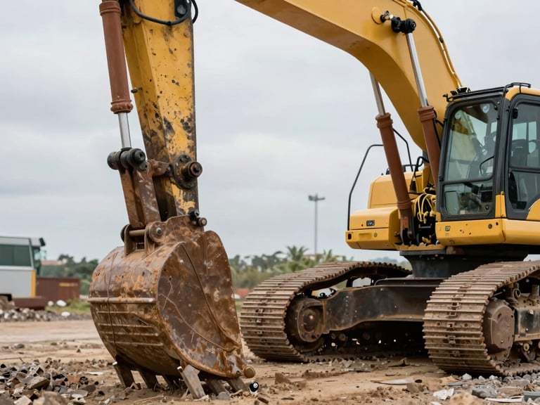 Close-up detail shot of an excavator's hydraulic arm and bucket teeth in sharp focus, overcast daylight revealing wear patterns and metal texture honestly, equipment parked in a gravel yard with open sky behind