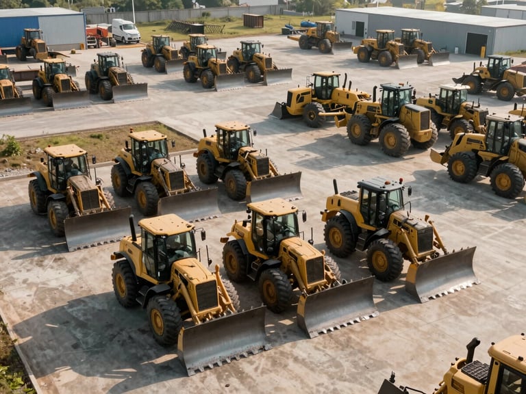 Wide environmental shot looking across a heavy equipment storage yard, multiple bulldozers and motor graders staged in organized rows, morning light casting long shadows across the concrete, no people visible — scale and inventory volume conveyed through framing