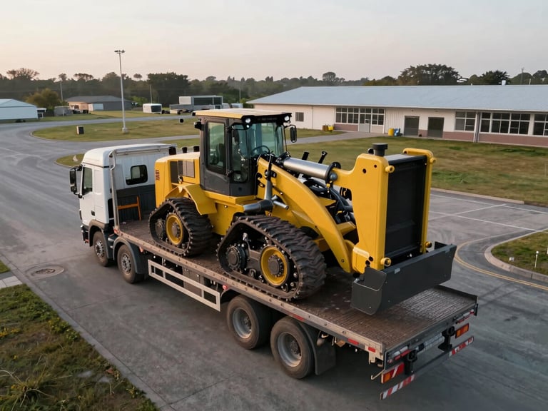 Overhead drone perspective of a flatbed truck being loaded with a compact track loader in an open equipment yard, early morning light, transaction handoff moment captured from above showing the physical scale of the machine transfer, no people as primary subject