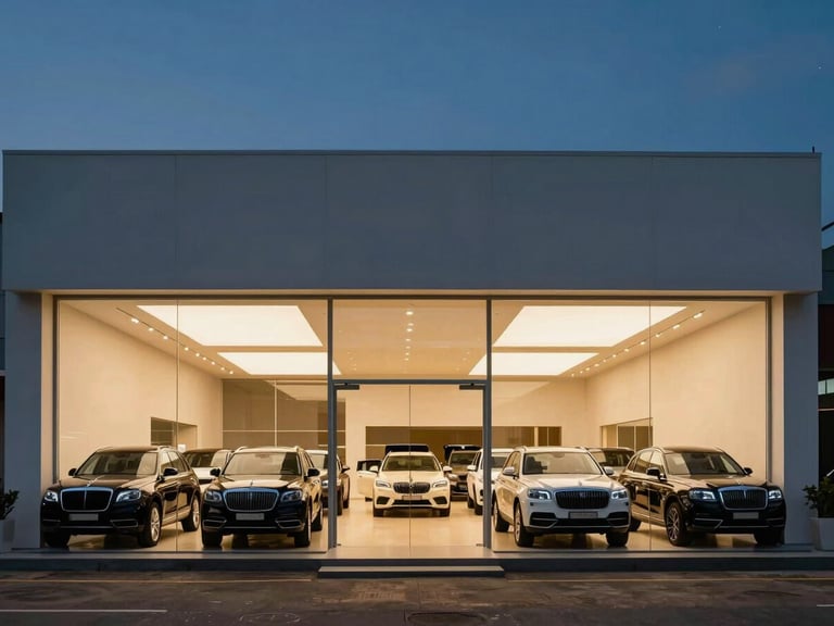 Wide cinematic shot of the modern minimalist showroom facade in Abidjan at dusk, warm interior glow contrasting with deep blue twilight sky, luxury SUVs parked neatly.