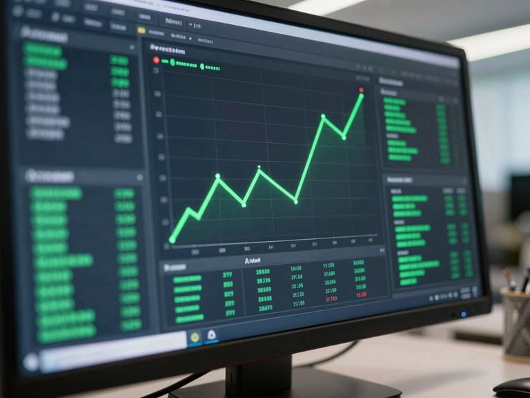 Macro shot of a high-end clean workspace screen displaying a dark slate data dashboard with sharp green lines, cool-toned office lighting