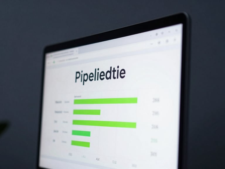 Macro shot of a clean data dashboard displaying pipeline metrics on a modern screen, cool-toned sharp office lighting, deep slate background, sharp focus, 35mm lens