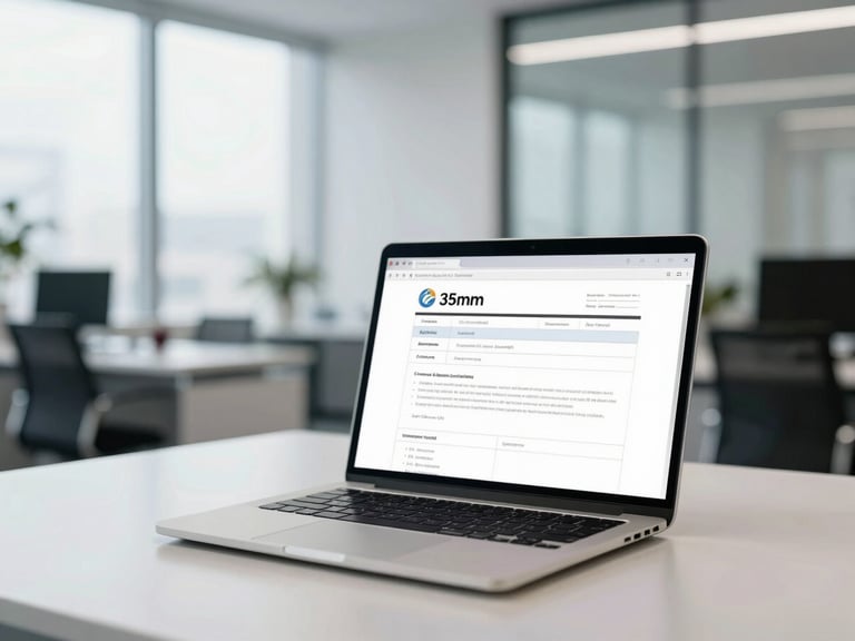 Modern office interior with a focus on a laptop displaying company registration forms, bright natural daylight, cool professional tones, clean corporate workspace, shallow depth of field, 35mm