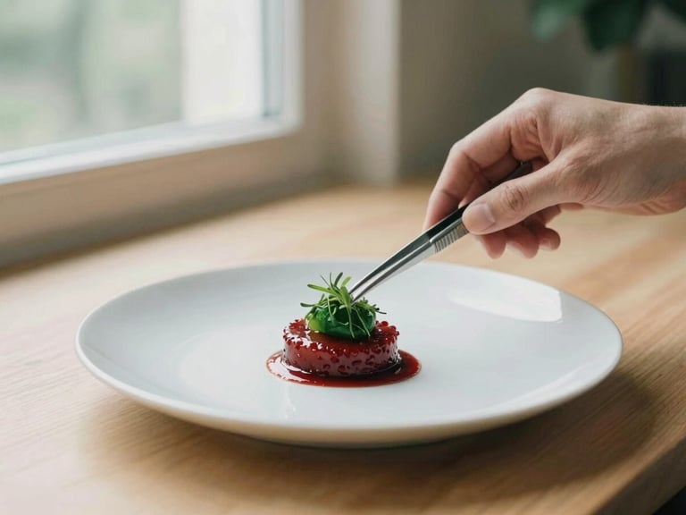Hands of a chef plating a minimalist dish with tweezers under soft kitchen window light, natural colors, shallow depth of field