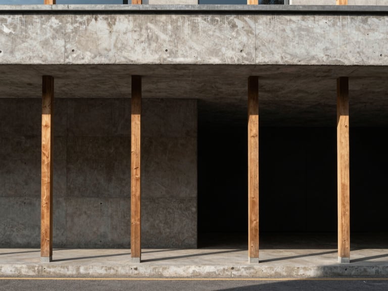 Straight-on architectural elevation of a concrete and timber structure, natural daylight, deep shadows, un-staged