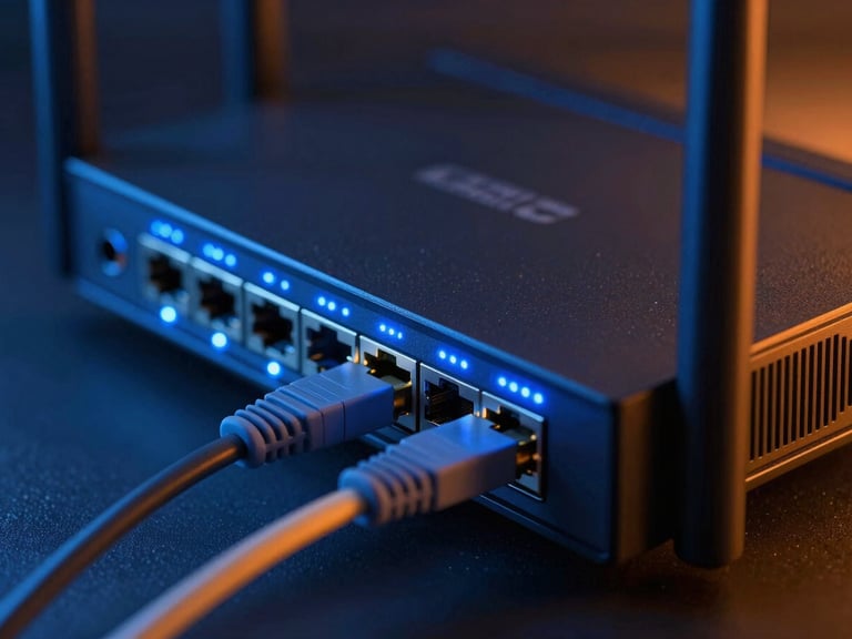 Close-up of a modern dual-WAN router with blue LEDs, network cables connected, dark technical environment with warm orange ambient highlights.