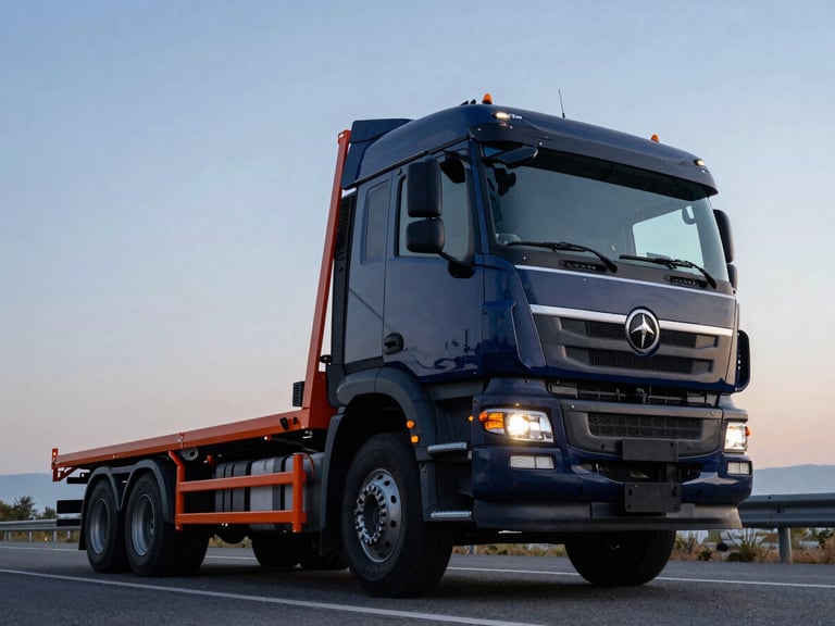 Low-angle heroic shot of a modern navy flatbed truck on a Turkish highway at twilight, high contrast, sharp focus, 35mm lens