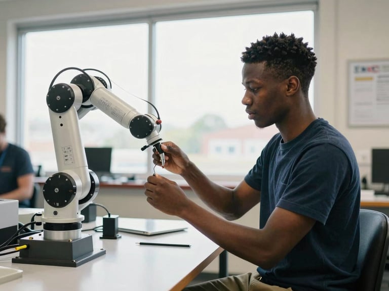 A young Black man in a high-tech workshop adjusting a robotic arm, bright natural daylight, documentary editorial style