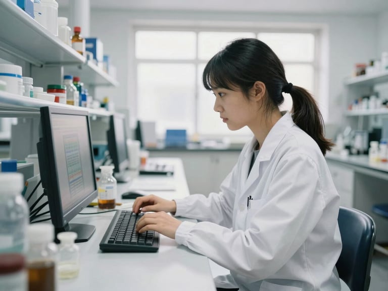 A young woman in a white lab coat analyzing data on a screen in a modern bright laboratory, candid 35mm shot