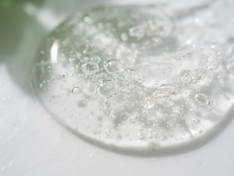 Macro shot of a clear viscous serum texture with tiny air bubbles on a clean white laboratory surface, soft green shadows, clinical daylight, 35mm