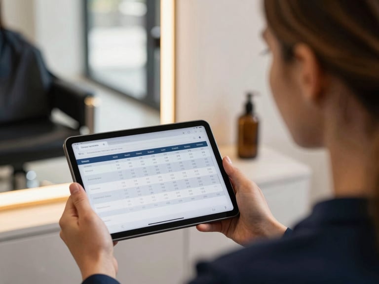Over-the-shoulder shot of a modern salon owner viewing a clean cash-flow dashboard on a tablet, warm natural window light, deep navy and gold accents, shallow depth of field, 35mm