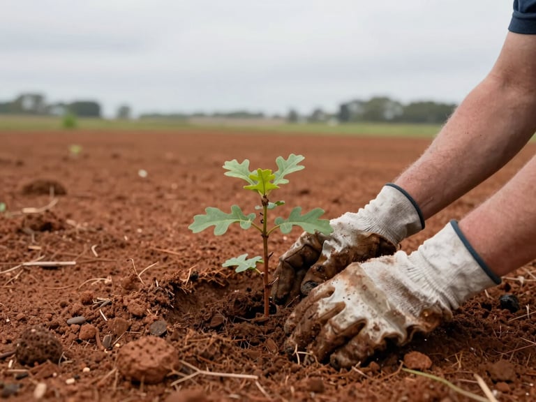 A close-up of hands in soil planting a young oak sapling in Georgia red clay, wearing muddy work gloves, overcast natural daylight, documentary style