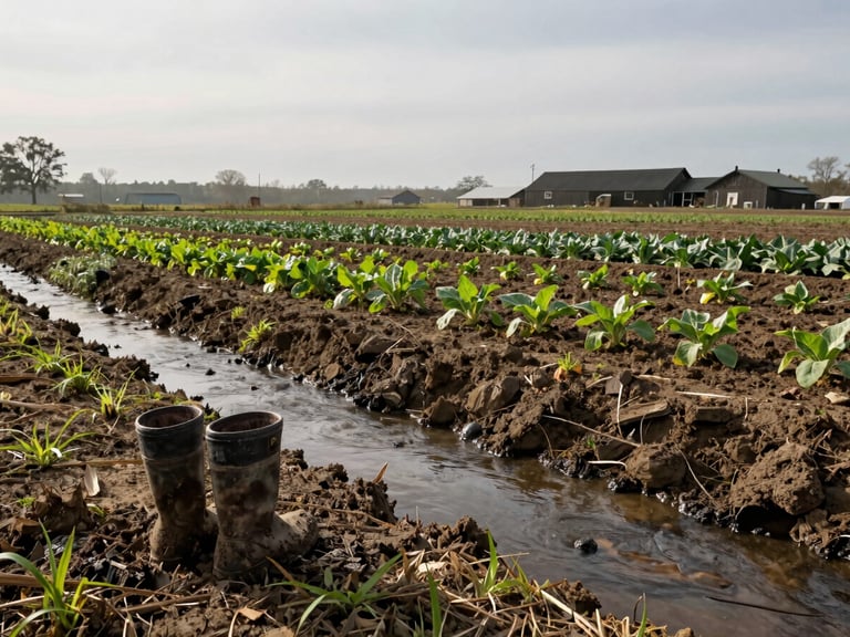 A working family farm in Georgia with a newly planted vegetative buffer strip along a creek, muddy boots in the foreground, early morning sun, realistic grit