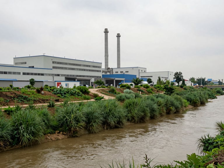 Industrial factory exterior bordering a river, deep green bioswales and native grasses planted along the edge, overcast day, documentary style