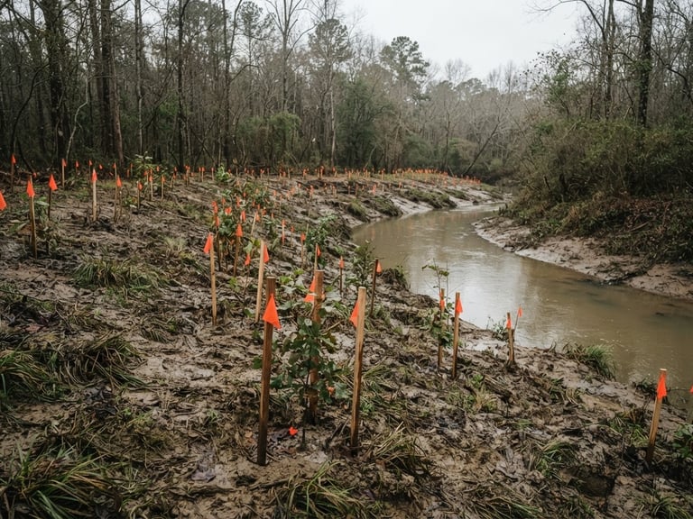 Wide-angle documentary shot of a muddy creek bank with newly planted native saplings, stakes with orange flags, overcast Georgia sky.