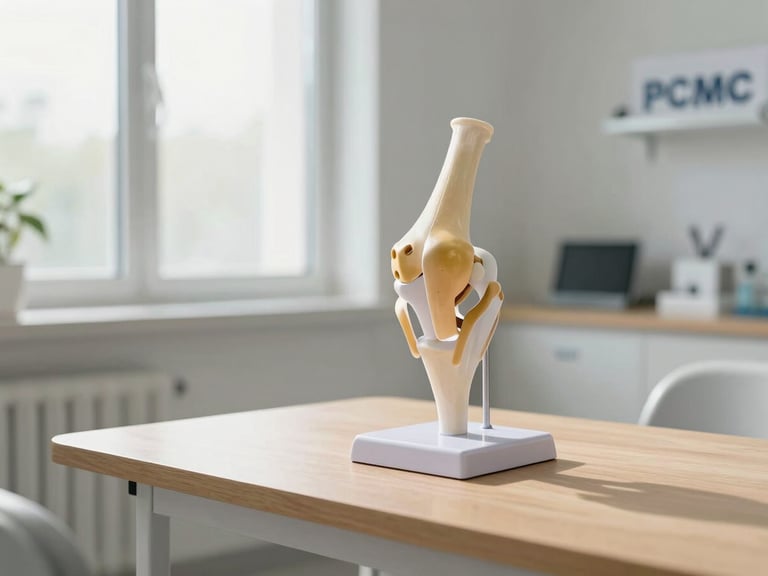 Bright, clean modern orthopedic clinic consultation room in PCMC, an anatomical knee model on a tidy wooden desk, natural window light