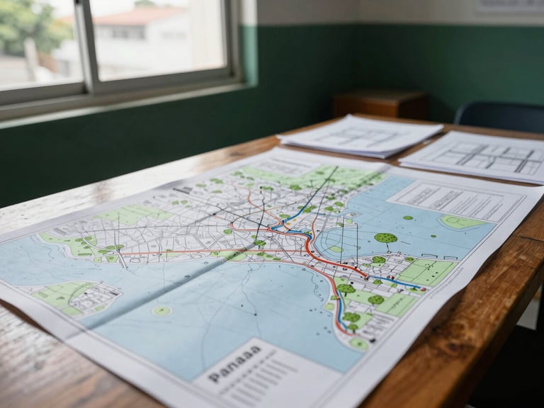 Wide angle documentary shot of an urban planning workshop in Panama City, physical maps and architectural drawings spread on a wooden table, natural daylight from a side window, deep indigo and dark green tones, 35mm lens.