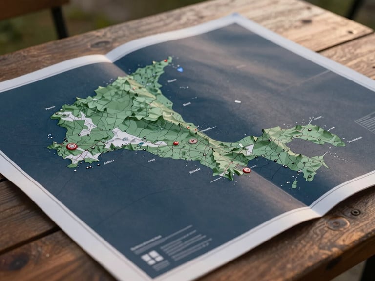 Plano detalle de mapa topográfico de Panamá sobre mesa de madera, luz natural suave de tarde nublada, estilo editorial, lente de 35mm