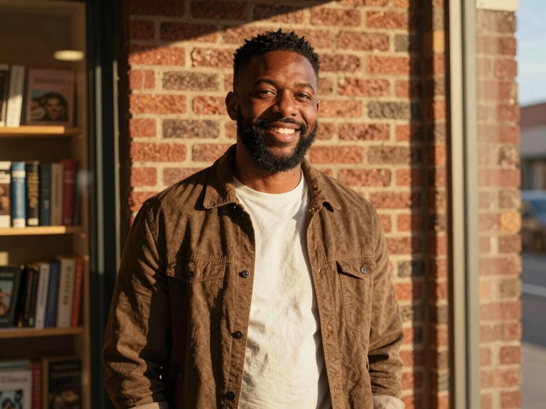 Warm environmental portrait of a Black business owner smiling in his sunlit brick-and-mortar bookstore, golden hour light, 35mm lens