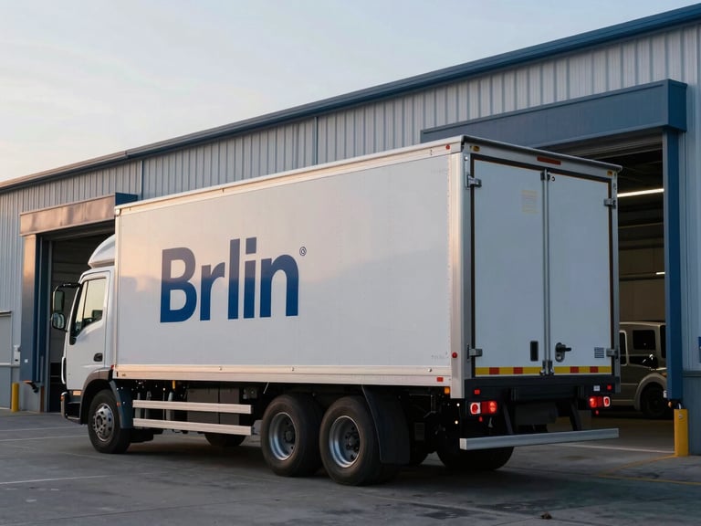 Branded box truck backed into a loading bay, rear doors open revealing clean interior, overcast industrial setting, cool blue and amber tones, clean composition, 50mm lens