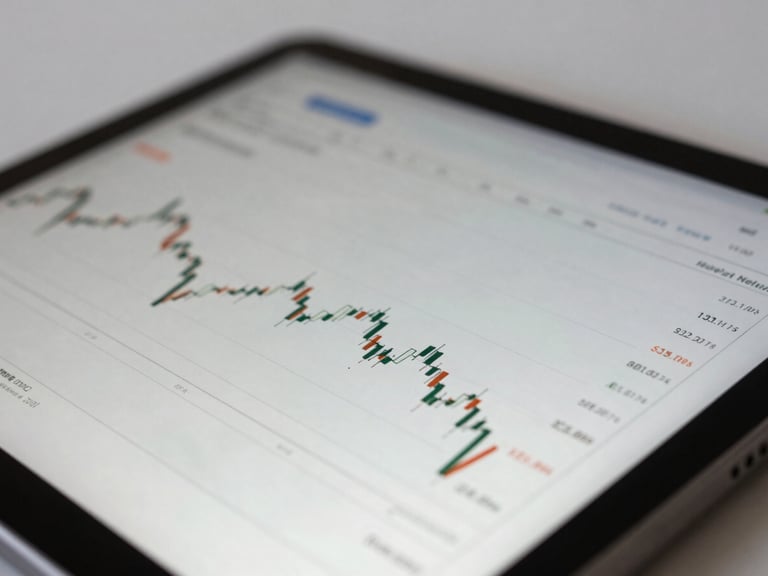 Close-up macro detail of a tablet screen displaying clean financial charts and real estate investment metrics, soft overcast daylight, elegant and precise.