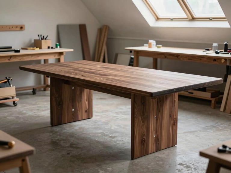 Wide environmental shot of a half-assembled walnut dining table in a quiet studio workshop, soft overhead daylight through skylights, clamps and hand tools visible at the edges, muted natural palette, no people, three-quarter perspective showing bespoke proportions