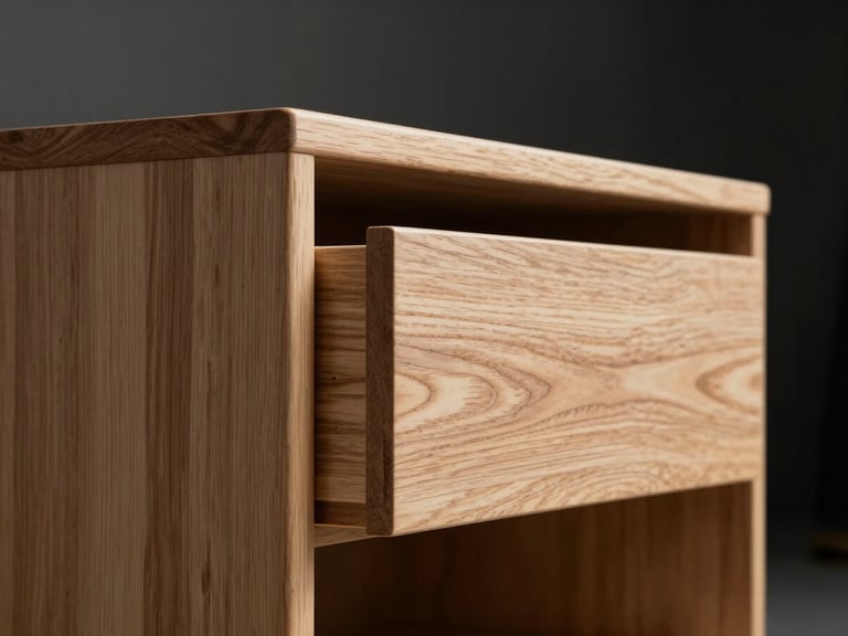 Tight three-quarter view of hand-cut dovetail joinery on the corner of a solid ash cabinet drawer, soft diffuse studio light, surface finish and tool marks readable, dark background receding