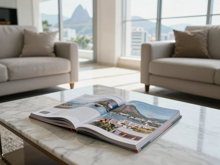 A wide landscape photograph of a bright, modern apartment living room in Rio de Janeiro, with a premium printed magazine resting on a marble coffee table, soft natural daylight streaming through large windows, 35mm lens
