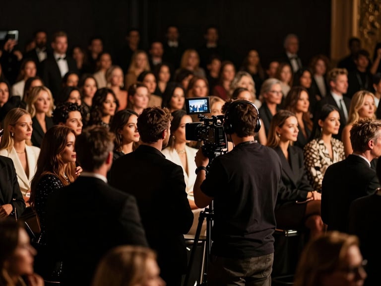 A high-contrast event lighting setup, cinematic behind-the-scenes camera operator tracking through a crowd of high-fashion guests, warm amber highlights.