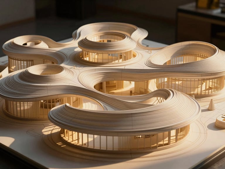 Close-up of a complex parametric architectural structure, digital wireframe overlaying a physical model, dramatic studio lighting