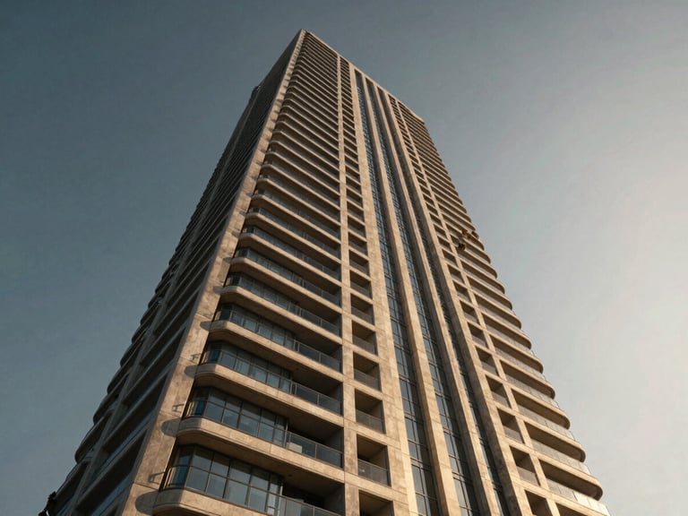 Cinematic wide-angle render of a luxury residential tower in Dubai, dramatic low-angle sun casting deep shadows, realistic concrete and glass textures