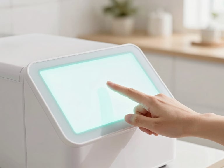 A hand gently touching a luminous, clean digital display screen on a sleek white appliance, soft focus, bright airy kitchen background