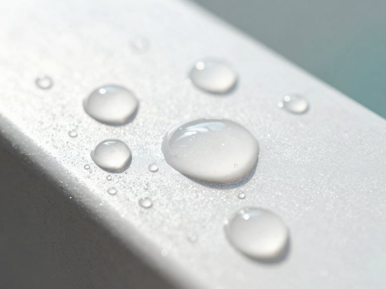 Close-up macro shot of pristine water droplets on a highly polished, clean metallic surface, bright daylight, shallow depth of field