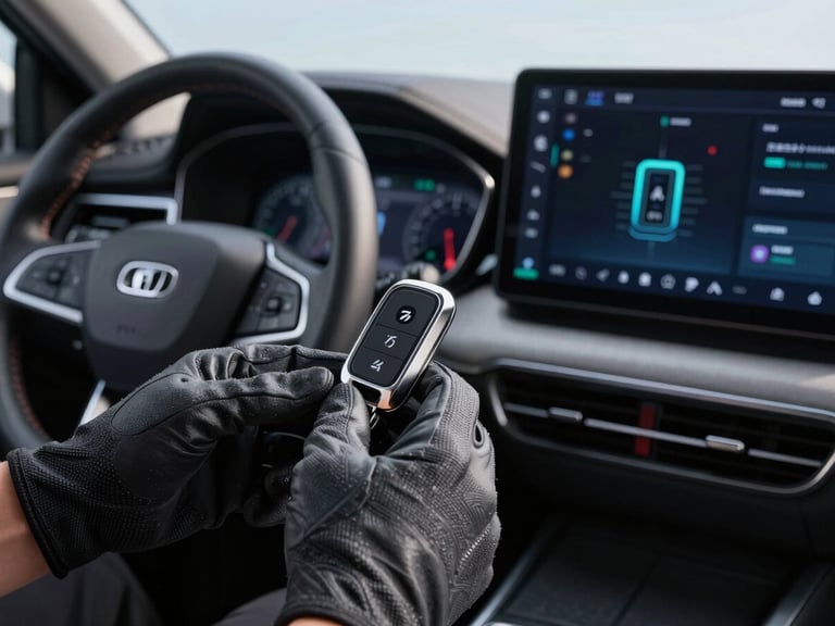 Close-up of hands in work gloves programming a sleek modern automotive proximity key fob inside a car cabin, dashboard screens glowing with diagnostic data, bright daylight.