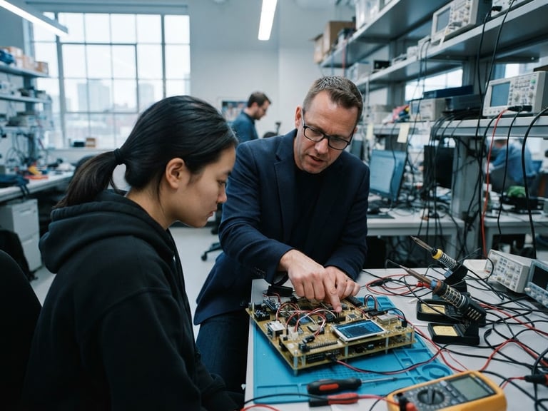 Dynamic over-the-shoulder shot of a student reviewing a physical hardware prototype with an industry mentor in a cool-toned laboratory, natural daylight coming from a high window, sharp focus, 35mm