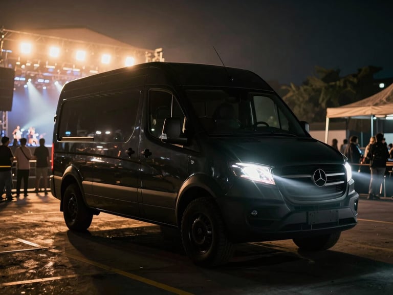 Sleek black sprinter van parked backstage at a concert venue at night, dramatic amber stage lighting flare from the background, low-key cinematic photography
