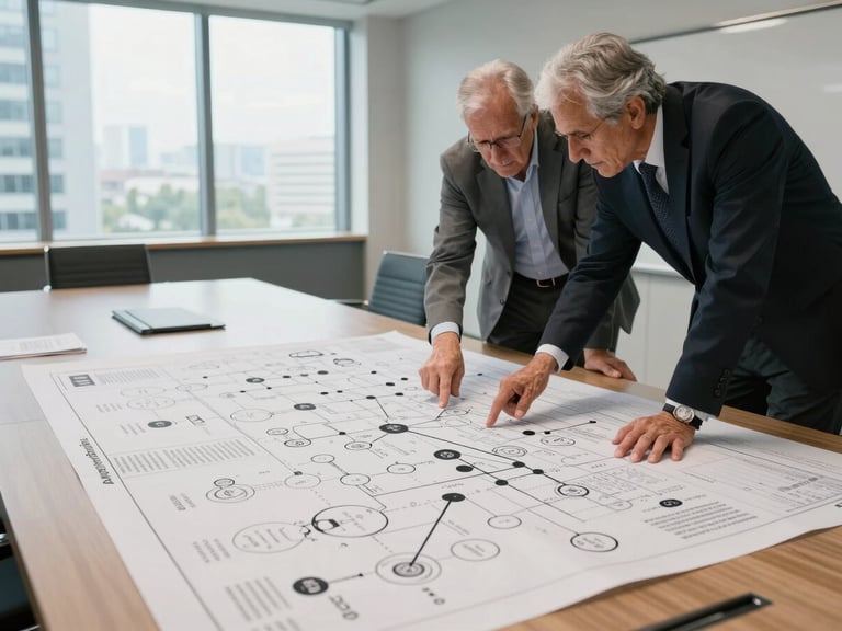 Wide conference room interior, Angola, overhead angle — large printed process map spread across a meeting table, two senior professionals leaning over it mid-discussion, hands pointing at diagram nodes, daylight from tall office windows, cool neutral indoor lighting, documents and marker pens visible on surface