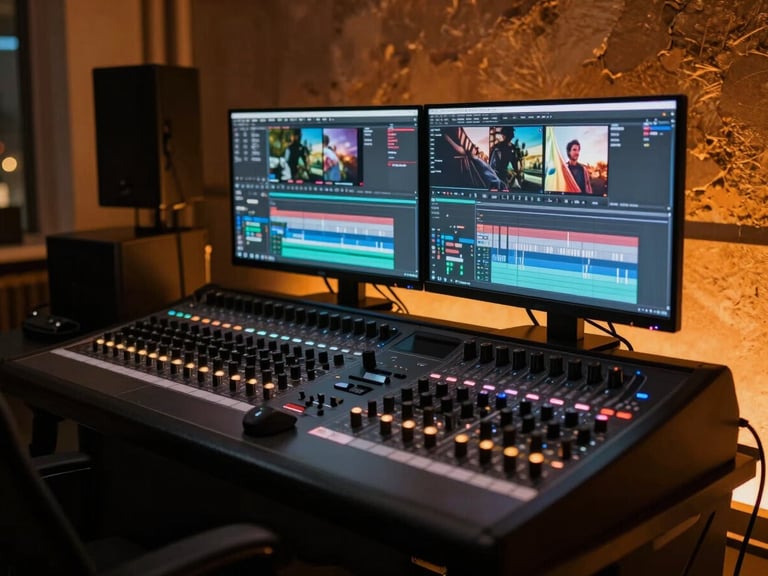 Cinematic wide angle shot of an active video editing suite at night, glowing dual monitors showing video timelines, warm orange backlighting reflecting on a professional mixing console, high-contrast shadows.