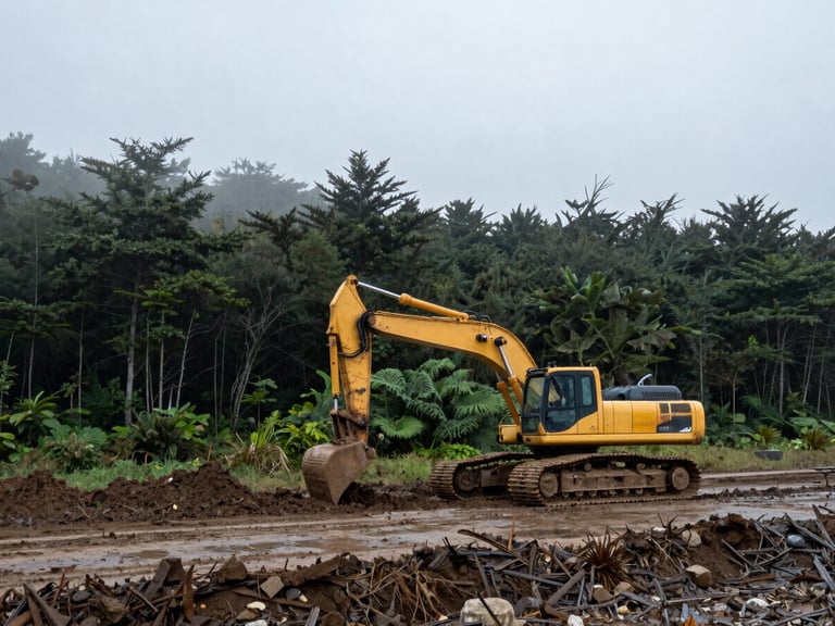 Heavy tracked excavator clearing dense coastal forest, misty overcast daylight, damp earth, wide-angle lens, 35mm