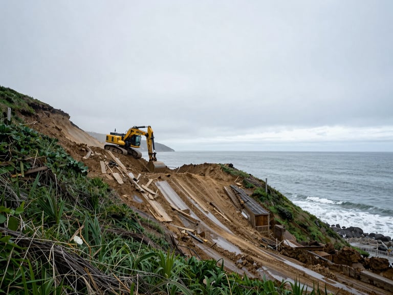 Coastal bluff stabilization project, heavy machinery working on a slope overlooking the Pacific Ocean, overcast sky, damp surfaces, wide-angle lens, 35mm