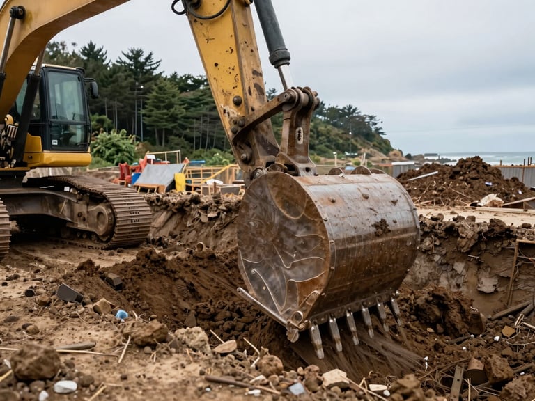 Detailed view of heavy machinery bucket digging a trench on a construction site, precise lines, damp earth, overcast daylight, wide-angle lens, 35mm