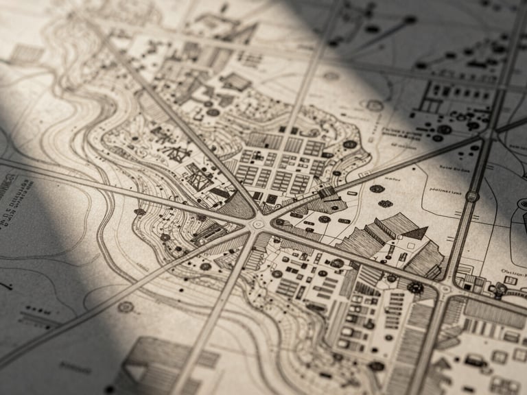 Macro shot of a physical Brisbane street map overlayed with architectural tracing paper, warm side-lighting casting soft shadows across topography contours.