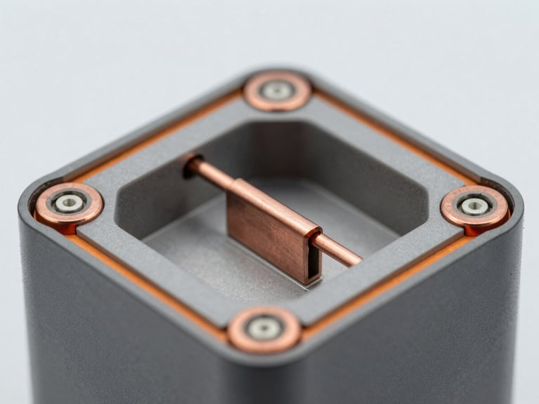 Macro close-up of internal battery cell architecture, clean copper busbars, structured thermal barrier sheets, cool gray laboratory lighting with sharp orange highlights, 50mm lens