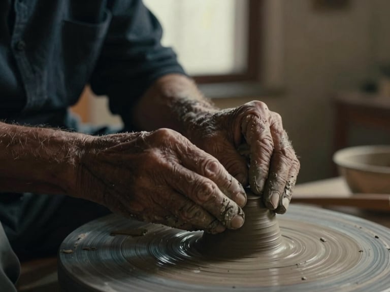 Cinematic close-up of an elderly craftsman's hands working on raw clay, warm window lighting, high contrast, rich moody tones, anamorphic lens.