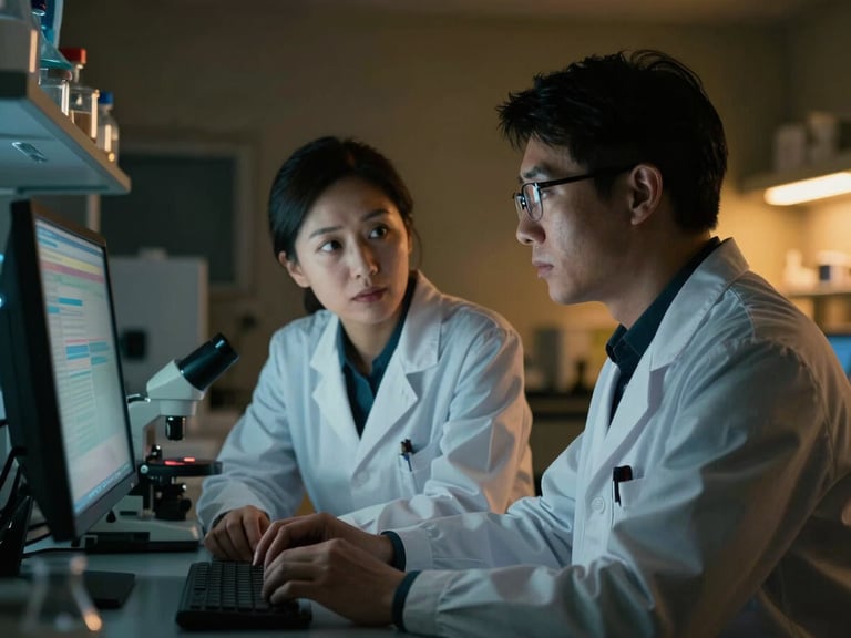 Cinematic medium shot of two researchers collaborating in a dimly lit laboratory, glowing monitors casting cool light on their faces, warm background accent lights.
