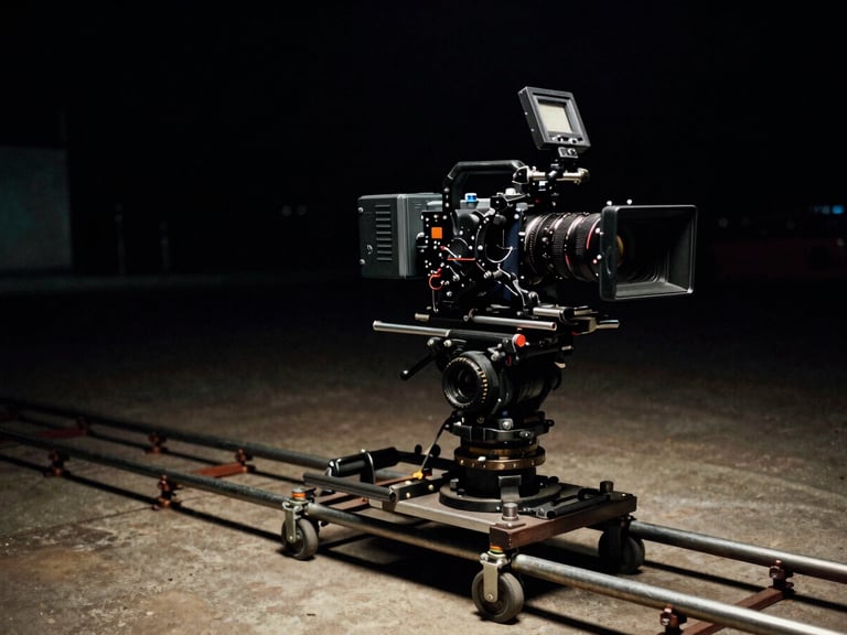Cinematic wide anamorphic shot of a high-end camera rig on a dolly track, low-key dramatic lighting, 35mm grain.